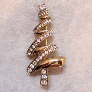 Vintage Monet Zigzag Goldtone Rhinestone Tree Brooch Pin